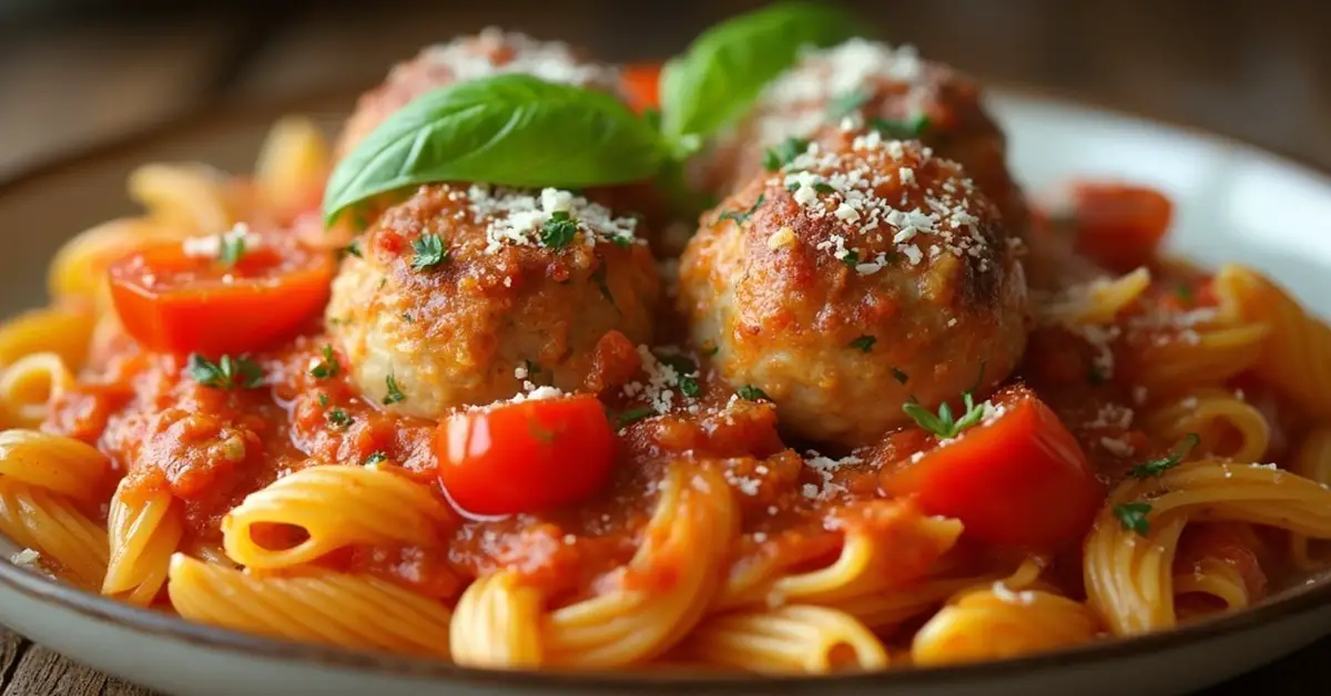 Italienske frikadeller med fløde tomatsauce og pasta